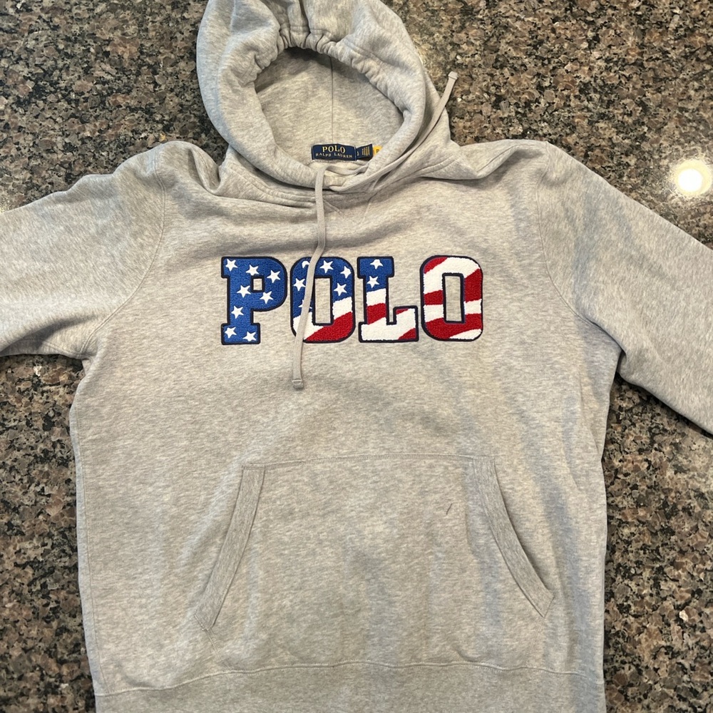 Ralph Lauren Gray Hoodie with American Flag Logo- barely worn.